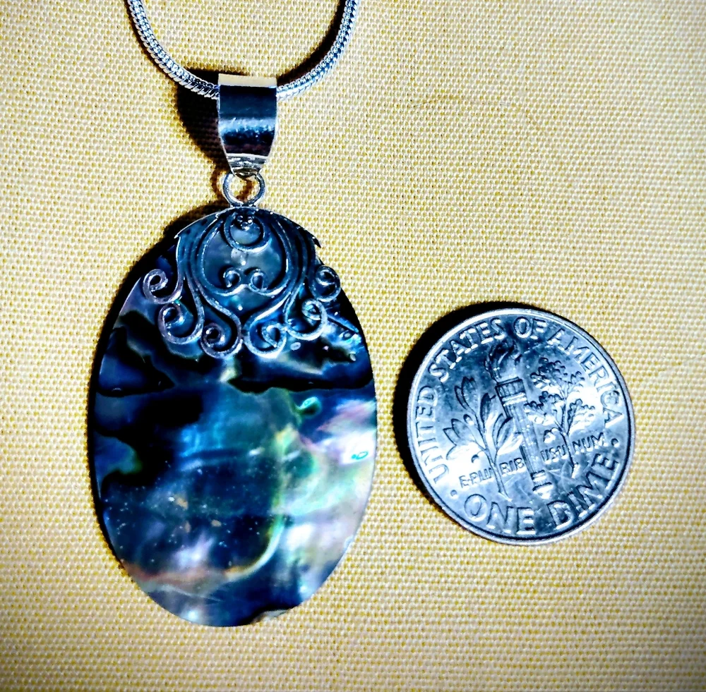 MOTHER/DAUGHTER SET ABALONE STERLING PENDANT. 2- NECKLACE $42./16 & 18 INCH. CH